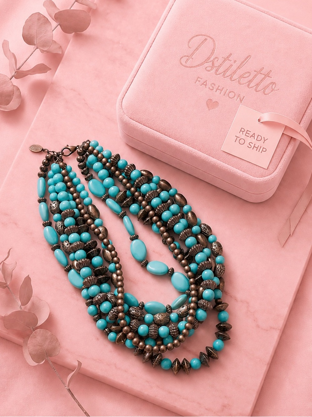 Amrita Singh Boho Multi-Strand Turquoise Antique Bronze Beaded Bib Necklace